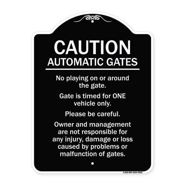 Designer Series-Caution Automatic Gates No Playing Gate Is Timed For One, 24" x 18", BW-1824-9992